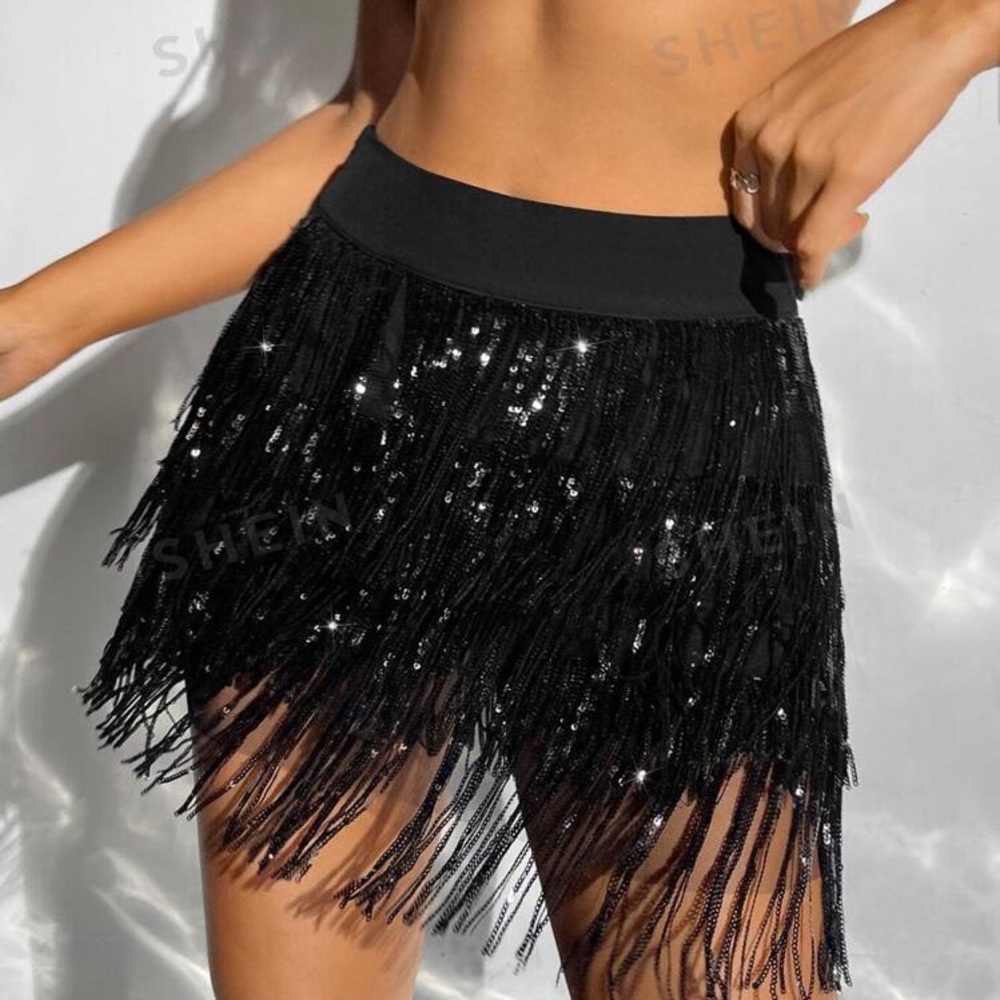 SHEIN Black Sequin Fringe Mini Skirt